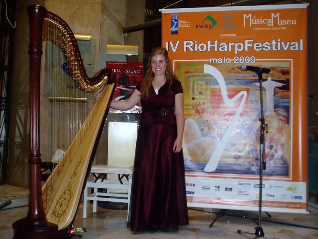 Megan Kartchner plays the harp in Brazil